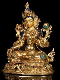 [green Tara] Buddhist Handmade Statue, [full Gold Plated],[stone Setting], [face Painted]