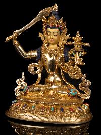 [manjushri] Buddhist Handmade Statue, [full Gold Plated],[stone Setting], [face Painted]