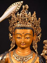[manjushri] With Double Base, Buddhist Handmade Large Statue, [thangka Color Finishing], [partly Gold Plated], [face Painted]