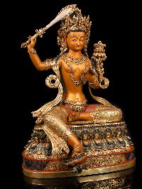 [manjushri] With Double Base, Buddhist Handmade Large Statue, [thangka Color Finishing], [partly Gold Plated], [face Painted]