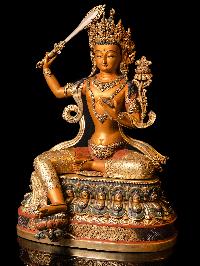 [manjushri] With Double Base, Buddhist Handmade Large Statue, [thangka Color Finishing], [partly Gold Plated], [face Painted]