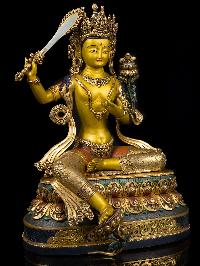 [manjushri] With Double Base,  Buddhist Handmade Large Statue, [thangka Color Finishing], [partly Gold Plated], [face Painted]