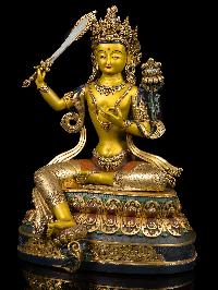 [manjushri] With Double Base,  Buddhist Handmade Large Statue, [thangka Color Finishing], [partly Gold Plated], [face Painted]