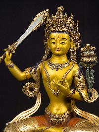 [manjushri] With Double Base,  Buddhist Handmade Large Statue, [thangka Color Finishing], [partly Gold Plated], [face Painted]