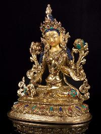 [white Tara] Buddhist Handmade Statue, [full Gold Plated],[stone Setting], [face Painted]