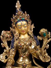 [white Tara] Buddhist Handmade Statue, [full Gold Plated],[stone Setting], [face Painted]