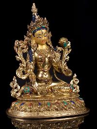 [white Tara] Buddhist Handmade Statue, [full Gold Plated],[stone Setting], [face Painted]