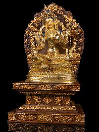 [green Tara] With Throne, Buddhist Handmade Statue, [full Gold Plated],[stone Setting], [face Painted]