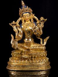 [green Tara] With Throne, Buddhist Handmade Statue, [full Gold Plated],[stone Setting], [face Painted]