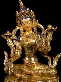 [green Tara] With Throne, Buddhist Handmade Statue, [full Gold Plated],[stone Setting], [face Painted]
