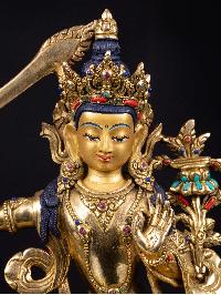[manjushri] Buddhist Handmade Statue, [full Gold Plated],[stone Setting], [face Painted]