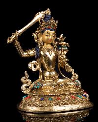 [manjushri] Buddhist Handmade Statue, [full Gold Plated],[stone Setting], [face Painted]