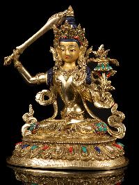 [manjushri] Buddhist Handmade Statue, [full Gold Plated],[stone Setting], [face Painted]