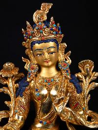 [green Tara] Buddhist Handmade Statue, [full Gold Plated],[stone Setting], [face Painted]
