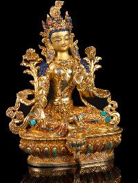 [green Tara] Buddhist Handmade Statue, [full Gold Plated],[stone Setting], [face Painted]