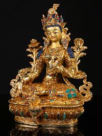 [green Tara] Buddhist Handmade Statue, [full Gold Plated],[stone Setting], [face Painted]
