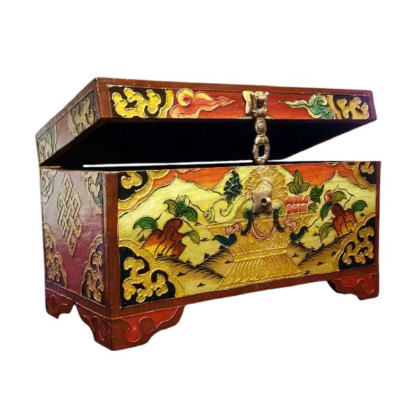 Buddhist Wooden Box With [conch Shell] Design, Tibetan Style With Traditional Colors