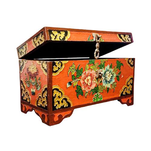 Buddhist Wooden Box With [lotus] Design, Tibetan Style With Traditional Colors