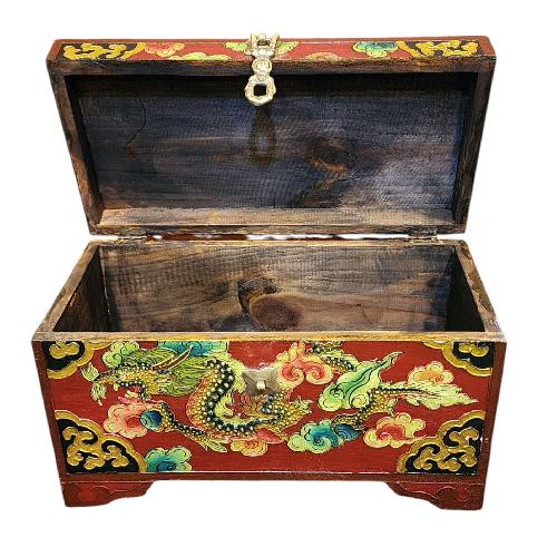 Buddhist Wooden Box With [dragon] Design, Tibetan Style With Traditional Colors