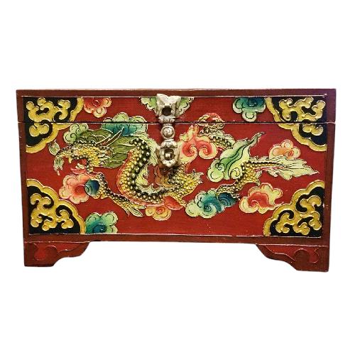 Buddhist Wooden Box With [dragon] Design, Tibetan Style With Traditional Colors