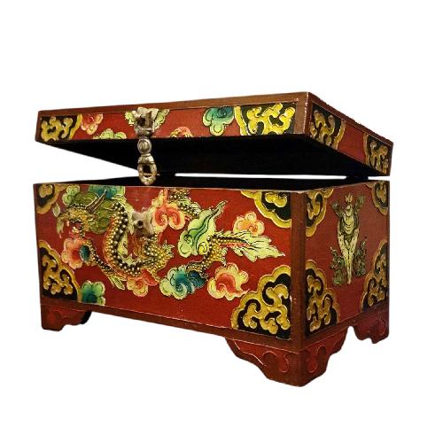 Buddhist Wooden Box With [dragon] Design, Tibetan Style With Traditional Colors