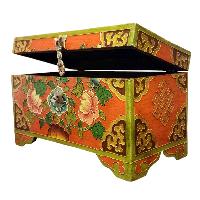 Buddhist Wooden Box With [lotus] Design, Tibetan Style With Traditional Colors