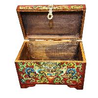 Buddhist Wooden Box With [cheppu] Design, Tibetan Style With Traditional Colors