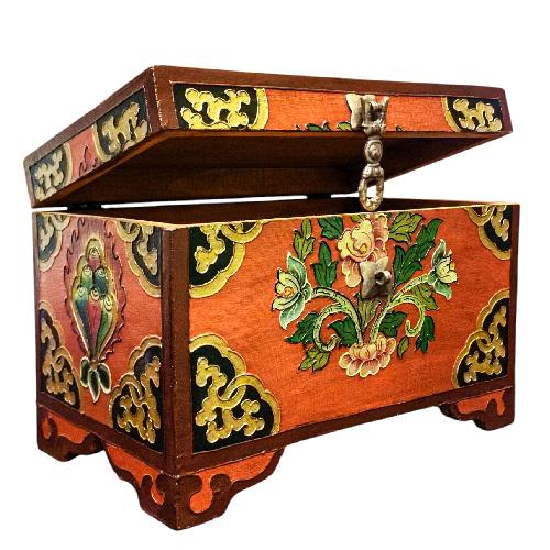Buddhist Wooden Box With [lotus] Design, Tibetan Style With Traditional Colors