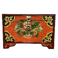 Buddhist Wooden Box With [lotus] Design, Tibetan Style With Traditional Colors