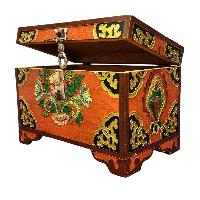 Buddhist Wooden Box With [lotus] Design, Tibetan Style With Traditional Colors