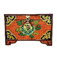 Buddhist Wooden Box With [lotus] Design, Tibetan Style With Traditional Colors