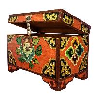 Buddhist Wooden Box With [lotus] Design, Tibetan Style With Traditional Colors