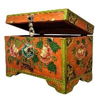 Buddhist Wooden Box With [lotus] Design, Tibetan Style With Traditional Colors