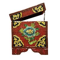 Buddhist Wooden Box With [lotus] Design, Tibetan Style With Traditional Colors