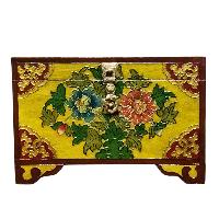 Buddhist Wooden Box With [flower] Design, Tibetan Style With Traditional Colors
