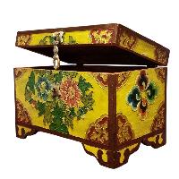 Buddhist Wooden Box With [flower] Design, Tibetan Style With Traditional Colors