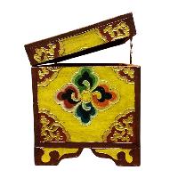 Buddhist Wooden Box With [flower] Design, Tibetan Style With Traditional Colors