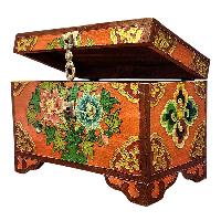 Buddhist Wooden Box With [lotus] Design, Tibetan Style With Traditional Colors