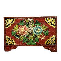 Buddhist Wooden Box With [lotus] Design, Tibetan Style With Traditional Colors