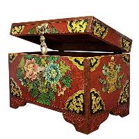 Buddhist Wooden Box With [lotus] Design, Tibetan Style With Traditional Colors