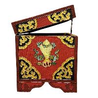 Buddhist Wooden Box With [cheppu] Design, Tibetan Style With Traditional Colors
