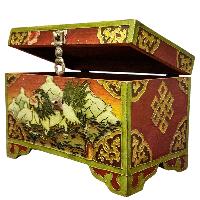 Buddhist Wooden Box With [snow Lion] Design, Tibetan Style With Traditional Colors