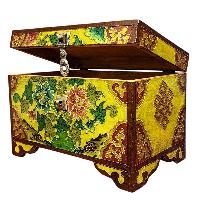 Buddhist Wooden Box With [lotus] Design, Tibetan Style With Traditional Colors