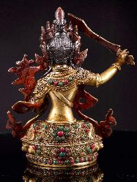 [manjushri] Buddhist Handmade Statue With [siku Design], [full Gold Plated],[stone Setting], [face Painted]