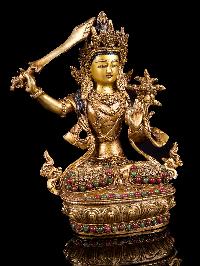 [manjushri] Buddhist Handmade Statue With [siku Design], [full Gold Plated],[stone Setting], [face Painted]