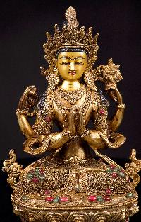 [chenrezig], Buddhist Handmade Statue With [siku Design], [full Gold Plated],[stone Setting], [face Painted]
