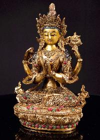 [chenrezig], Buddhist Handmade Statue With [siku Design], [full Gold Plated],[stone Setting], [face Painted]