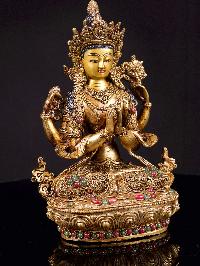 [chenrezig], Buddhist Handmade Statue With [siku Design], [full Gold Plated],[stone Setting], [face Painted]