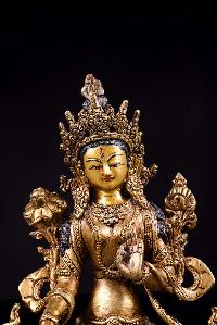 [white Tara], Buddhist Handmade Statue With [siku Design], [full Gold Plated],[stone Setting], [face Painted]