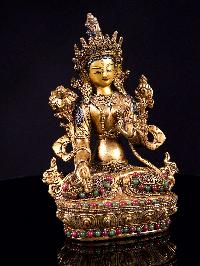 [white Tara], Buddhist Handmade Statue With [siku Design], [full Gold Plated],[stone Setting], [face Painted]